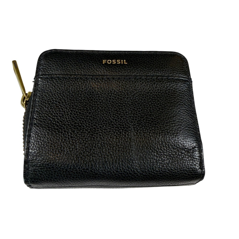 Fossil Logan Small Bifold Wallet Black Pebbled Leather Gold Tone Zip Around